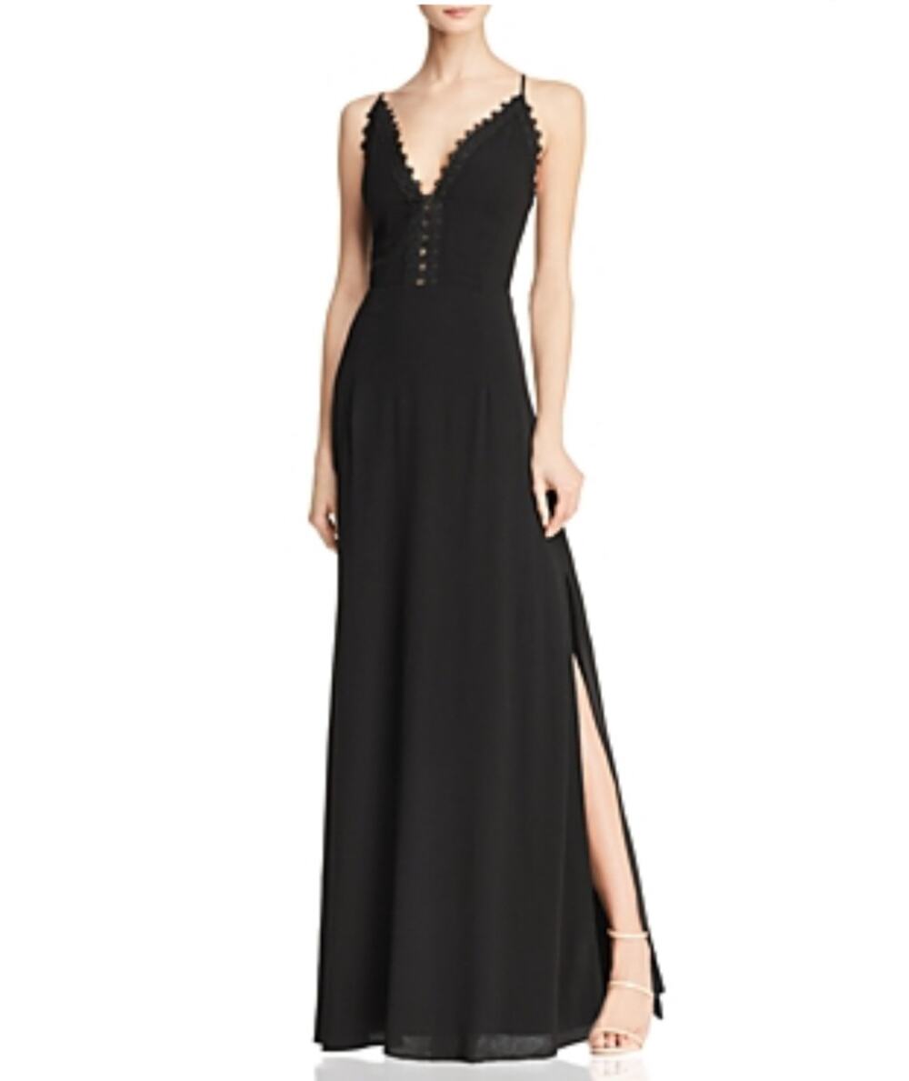 AQUA Backless Lace Trim Long A-Line Evening Gown Black Size 6 Medium Dress